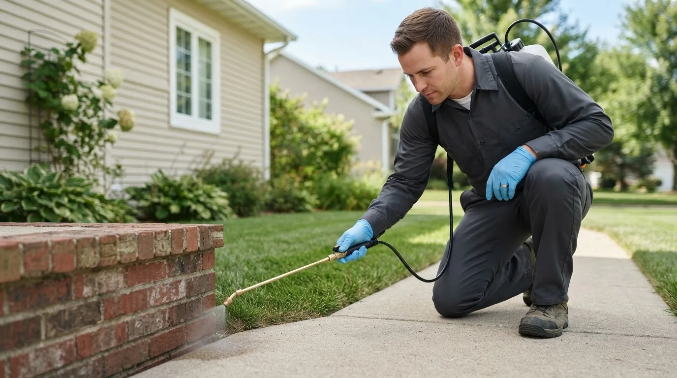 Pest control technician treating a home near Sawyer, OK