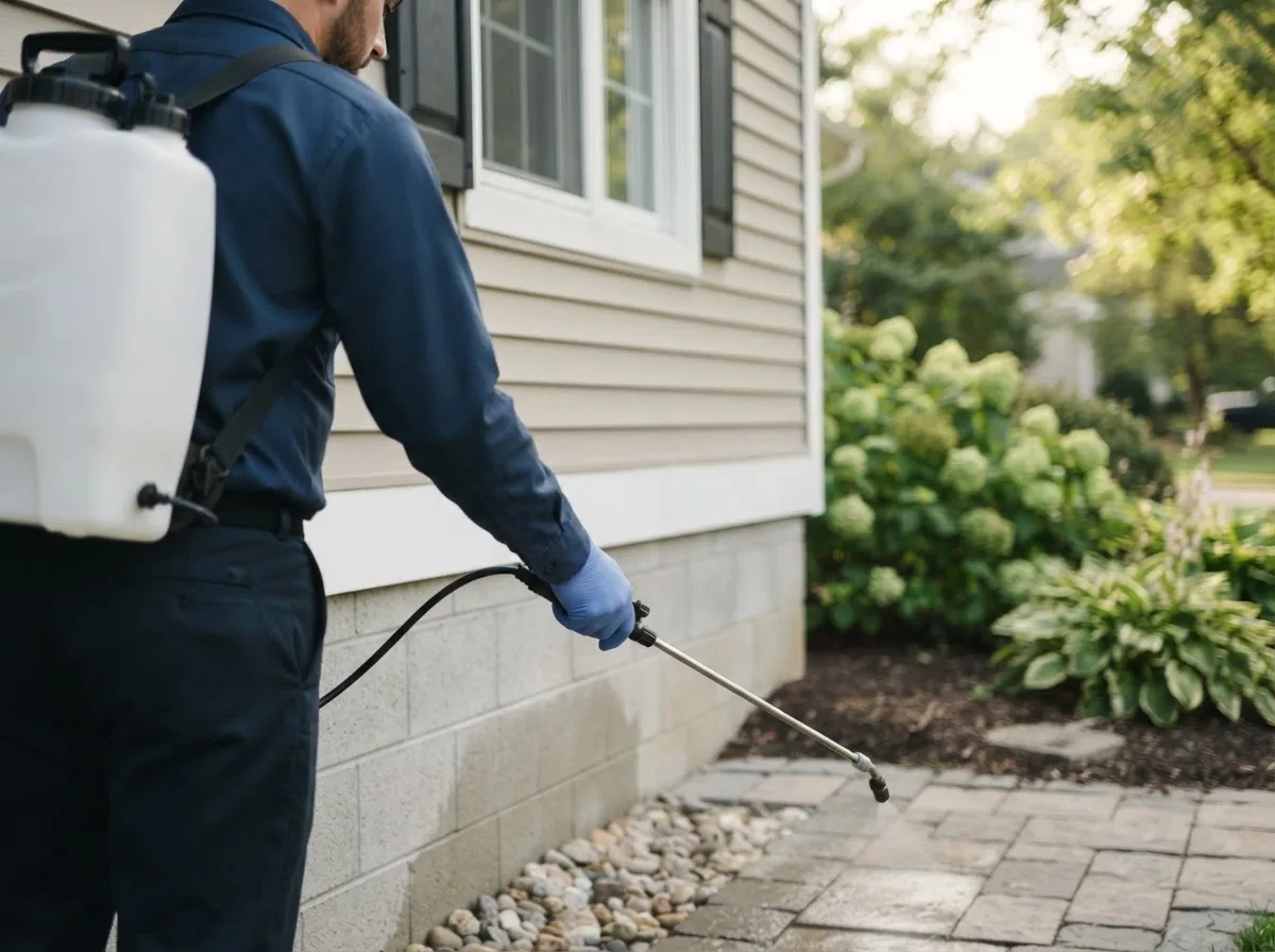 Pest control technician inspecting a home in Sawyer, OK